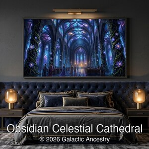 4K Afrofuturist digital art: Obsidian Celestial Cathedral — Galactic Ancestry. Black art instant download print.