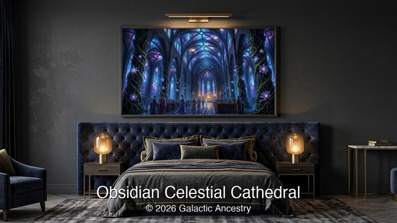 4K Afrofuturist digital art: Obsidian Celestial Cathedral — Galactic Ancestry. Black art instant download print.