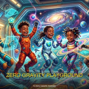 May include: A vibrant illustration depicts five children in space suits, joyfully playing in a zero-gravity setting. The artwork includes a galaxy backdrop and spaceship interior. The text "ZERO GRAVITY PLAYGROUND" is visible.