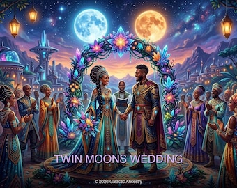 Lámina artística de boda afrofuturista / Lunas gemelas, celebración cósmica (descarga digital)