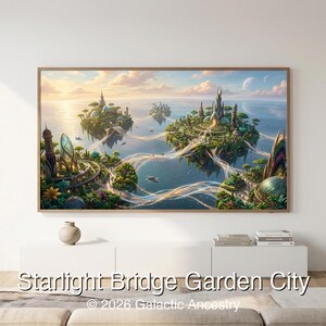 4K Afrofuturist digital art: Starlight Bridge Garden City — Galactic Ancestry. Black art instant download print.