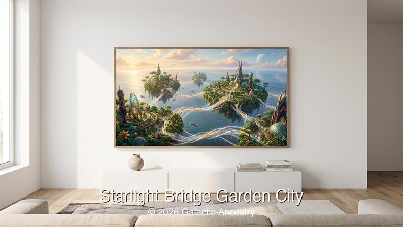 4K Afrofuturist digital art: Starlight Bridge Garden City — Galactic Ancestry. Black art instant download print.