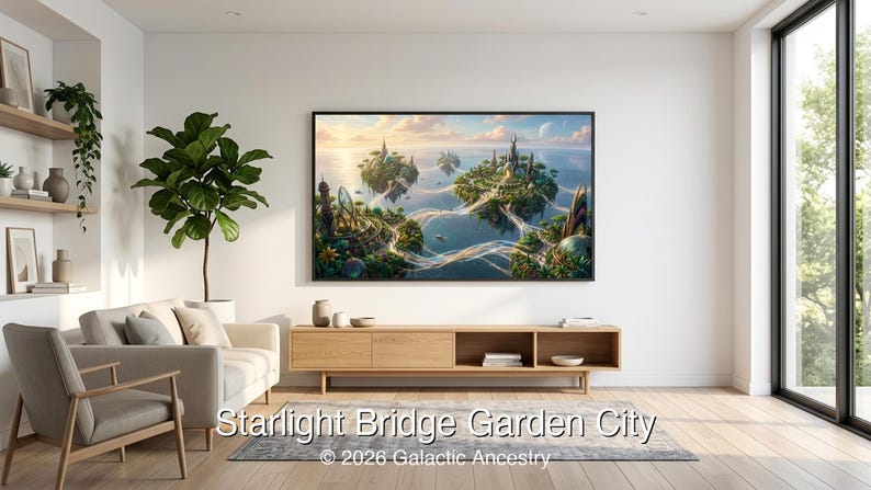 4K Afrofuturist digital art: Starlight Bridge Garden City — Galactic Ancestry. Black art instant download print.