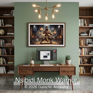 4K Afrofuturist digital art: Nsibidi Monk Warrior — Galactic Ancestry. Black art instant download print.