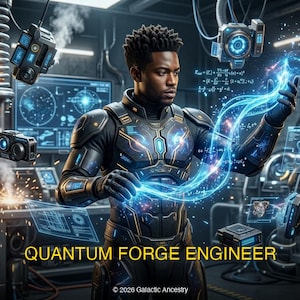May include: A digital artwork depicting a Quantum Forge Engineer in a futuristic workshop. The engineer, wearing a dark suit with blue highlights, interacts with glowing energy. The scene includes sparks, screens, and the text "QUANTUM FORGE ENGINEER."