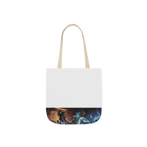 May include: White tote bag with beige handles. The bottom of the bag features a colourful illustration of two people in a futuristic setting. One person is holding a tablet. The bag is made of a sturdy material.