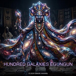 May include: Digital artwork featuring a figure with a blue mask and elaborate headdress, adorned with celestial patterns. The figure holds a staff and is draped in a cloak depicting galaxies. The text "HUNDRED GALAXIES EGUNGUN" is displayed at the bottom.