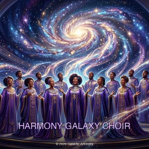 May include: An artistic rendering of the Harmony Galaxy Choir performing on a stage. The choir members, dressed in purple robes, stand before a swirling galaxy backdrop. The image includes the text "HARMONY GALAXY CHOIR" and "© 2020 Galactic Ancestry."