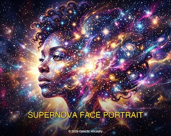 Retrato de rostro de supernova / Impresión de arte digital afrofuturista 4K / Descarga instantánea / Arte negro / Decoración de pared afrocéntrica