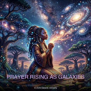 May include: Digital art depicting a person kneeling in prayer, with galaxies emanating from their hands. The scene is set in a mystical forest with glowing trees and a starry night sky. Text reads "PRAYER RISING AS GALAXIES."