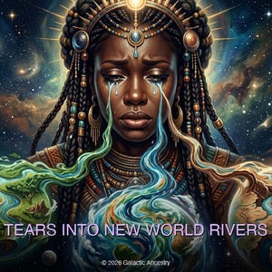 May include: Digital art depicting a woman with dark skin, adorned with intricate braids and celestial jewelry, crying tears that transform into rivers flowing over miniature Earths. The background is a vibrant cosmic scene with galaxies and planets. Text reads "TEARS INTO NEW WORLD RIVERS".
