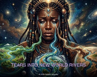 May include: Digital art depicting a woman with dark skin, adorned with intricate braids and celestial jewelry, crying tears that transform into rivers flowing over miniature Earths. The background is a vibrant cosmic scene with galaxies and planets. Text reads "TEARS INTO NEW WORLD RIVERS".