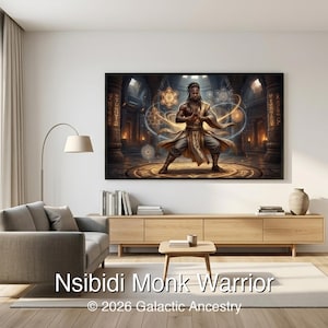 4K Afrofuturist digital art: Nsibidi Monk Warrior — Galactic Ancestry. Black art instant download print.