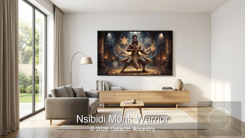 4K Afrofuturist digital art: Nsibidi Monk Warrior — Galactic Ancestry. Black art instant download print.