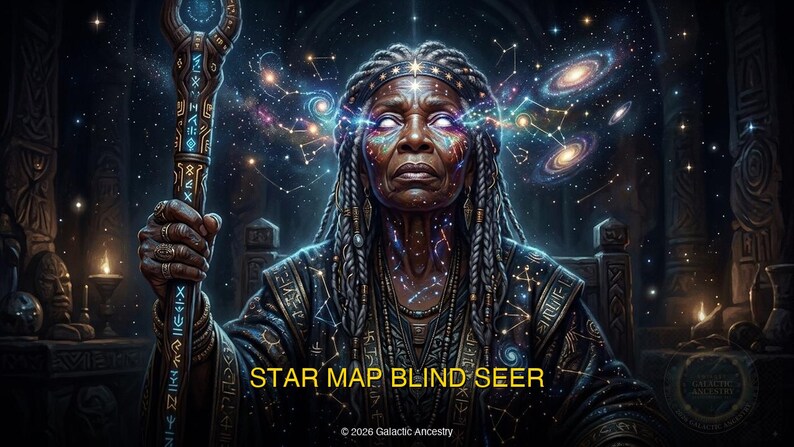 4K Afrofuturist digital art: Star Map Blind Seer — Galactic Ancestry. Black art instant download print.