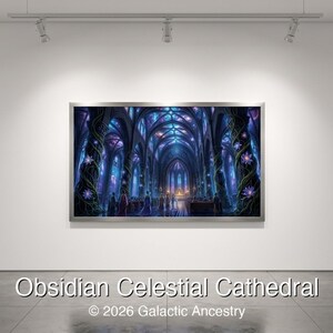 4K Afrofuturist digital art: Obsidian Celestial Cathedral — Galactic Ancestry. Black art instant download print.