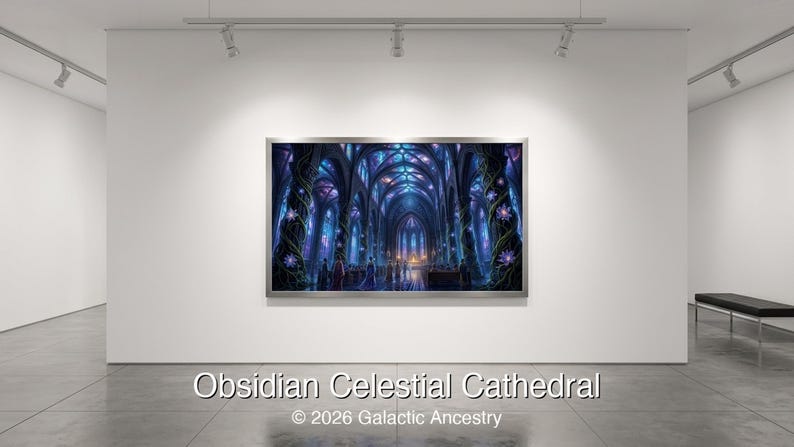 4K Afrofuturist digital art: Obsidian Celestial Cathedral — Galactic Ancestry. Black art instant download print.