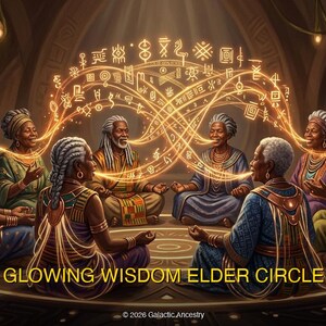 May include: An illustration depicts a circle of elders in a dimly lit room, radiating golden light. The text "GLOWING WISDOM ELDER CIRCLE" is at the bottom. The elders are dressed in colorful robes, and the scene evokes a sense of spirituality and wisdom.
