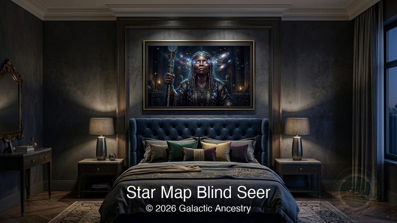 4K Afrofuturist digital art: Star Map Blind Seer — Galactic Ancestry. Black art instant download print.