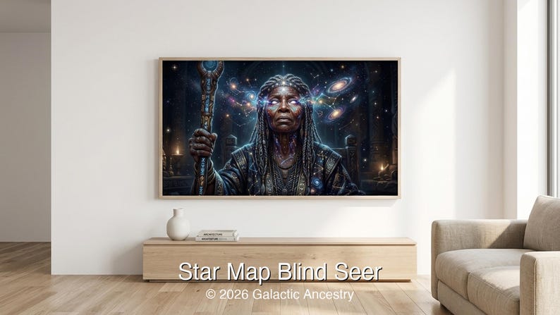 4K Afrofuturist digital art: Star Map Blind Seer — Galactic Ancestry. Black art instant download print.