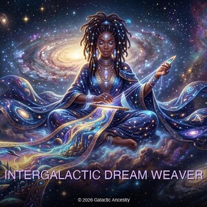 May include: An artistic depiction of an Intergalactic Dream Weaver. A person is seated, weaving a cosmic tapestry amidst a swirling galaxy. The image features a palette of blues, purples, and gold, with the text "INTERGALACTIC DREAM WEAVER".