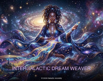May include: An artistic depiction of an Intergalactic Dream Weaver. A person is seated, weaving a cosmic tapestry amidst a swirling galaxy. The image features a palette of blues, purples, and gold, with the text "INTERGALACTIC DREAM WEAVER".