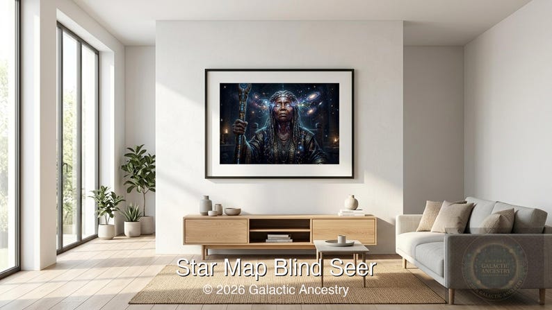 4K Afrofuturist digital art: Star Map Blind Seer — Galactic Ancestry. Black art instant download print.
