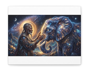 Starlight Elephant Elder | Stretched Canvas | Afrofuturist | Black Art | Afrocentric Wall Decor