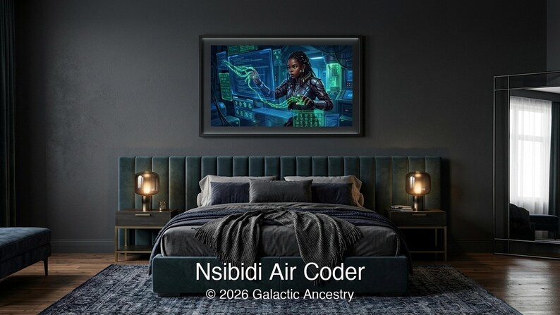 4K Afrofuturist digital art: Nsibidi Air Coder — Galactic Ancestry. Black art instant download print.