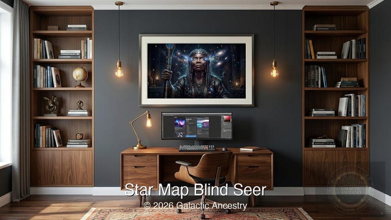 4K Afrofuturist digital art: Star Map Blind Seer — Galactic Ancestry. Black art instant download print.