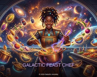Afrofuturistische chef-kok digitale kunstafdruk | Galactic Feast, 4K-muurdecoratie (directe download)