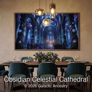 4K Afrofuturist digital art: Obsidian Celestial Cathedral — Galactic Ancestry. Black art instant download print.