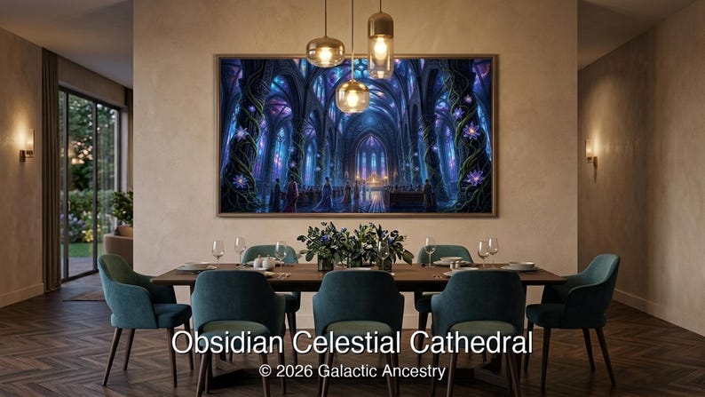 4K Afrofuturist digital art: Obsidian Celestial Cathedral — Galactic Ancestry. Black art instant download print.