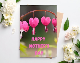 Biglietto di auguri per la Festa della Mamma con fiori rosa, modificabile, modello Canva (download immediato)