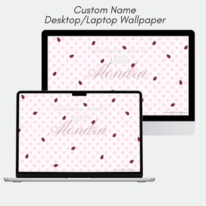 May include: A digital desktop and laptop wallpaper design featuring a light pink background with a white polka dot pattern and small red ladybugs. The screen displays the text Wednesday, June 10, 3:05, and the custom name Alondra in script.