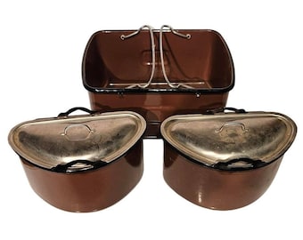 Vintage Brown Enamel Nesting Mess Kit 3 Piece Camping Cookware Set with Lids