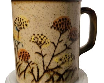 Vintage Speckled Stoneware Coffee Mug Floral Wildflower Boho Rustic 12 oz. Brown