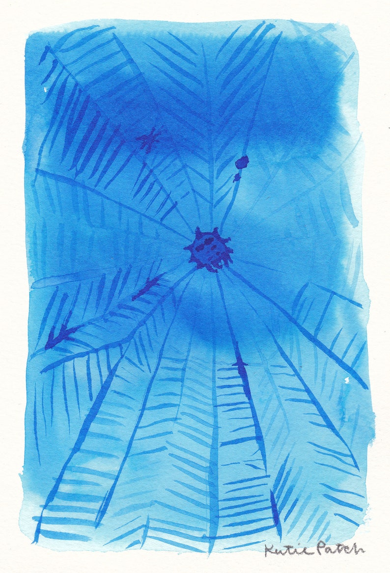 Original Spider Web Blue Ink Painting 5x7