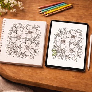 Könnte beinhalten: Ein Malbuch mit Blumenmuster und ein Tablet, das das gleiche Blumenmuster anzeigt, mit Buntstiften in der Nähe. Das Notizbuch ist spiralgebunden und das Tablet hat einen Stift. Das Blumenmuster zeigt große Blüten und detailliertes Laub.