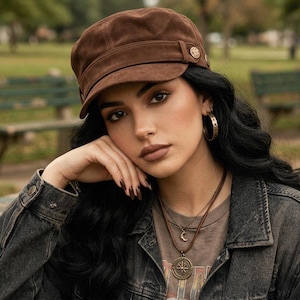 May include: A brown suede newsboy cap with a button detail. The cap is worn with a denim jacket and layered necklaces. The model is wearing gold hoop earrings. The background is a park with benches.