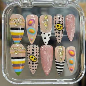 Y2K Funky Press On Nails | Smiley Face Polka Dot Stripe | Indie Alt Nails | Coffin Shape | Fairy Charm 3D Nail Art | Weird Girl Aesthetic