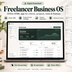 May include: A laptop screen displaying the Freelancer Business OS interface, featuring a dark green dashboard with financial charts, project lists, and task trackers. The software includes modules for clients, projects, tasks, and finances, designed for offline use.