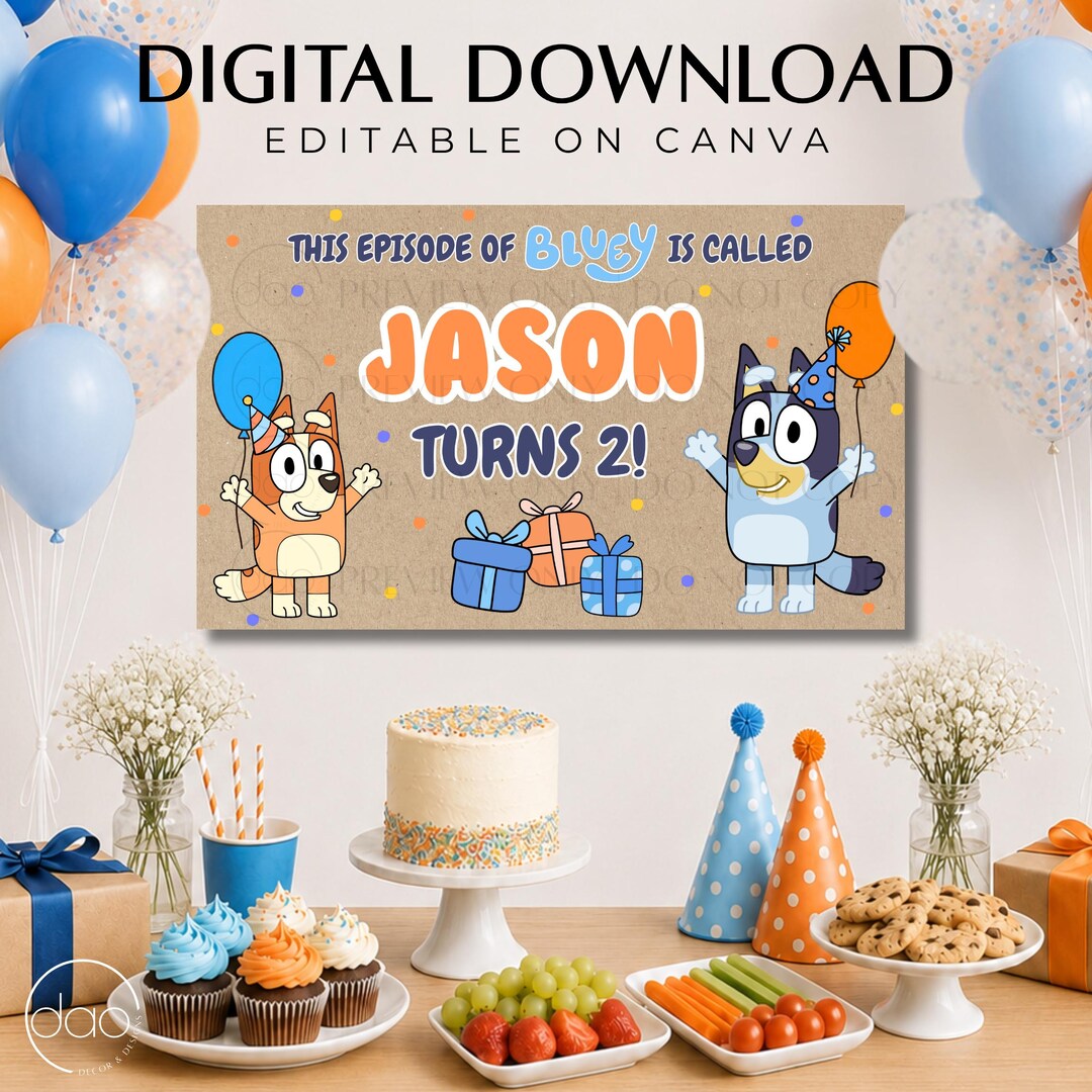 Editable Bluey Kids Birthday Banner Template, Canva Party Signs ...
