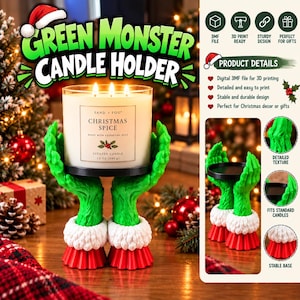 May include: A green monster candle holder featuring two textured hands holding a black circular platform. The base of the holder consists of white fur-like cuffs and red pleated sleeves. A Sand + Fog Christmas Spice candle sits on top.