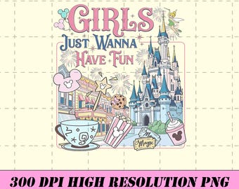 Retro 90s Disneyland Castle Girls Just Wanna Have Fun Trip PNG, Minnie and Daisy Girls Couples Girl Trip Tee, Disney Girls Trip png