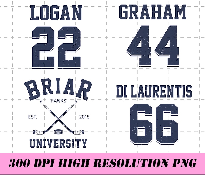 May include: Navy blue graphic design elements for sports team apparel. Includes the names Logan, Graham, and Di Laurentis, along with the numbers 22, 44, and 66. Also features the text "Briar Hawks University" with crossed hockey sticks and a puck.