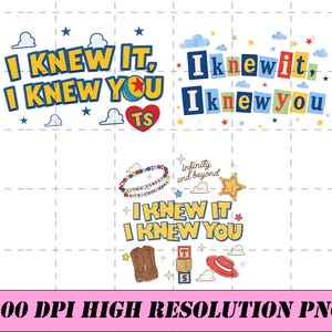 Puede incluir: Tres dise&ntilde;os gr&aacute;ficos digitales con el texto I KNEW IT, I KNEW YOU, que incluyen letras de bloque coloridas, una pulsera de cuentas, una estrella de sheriff, botas vaqueras marrones, un sombrero rojo, bloques de juguete, nubes y estrellas.