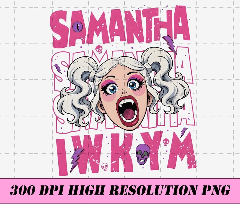 Puede incluir: Ilustraci&oacute;n gr&aacute;fica que presenta a una mujer de dibujos animados con cabello blanco en coletas, ojos azules grandes y boca abierta con colmillos. El nombre "SAMANTHA" se muestra en rosa, junto con las letras "I W K Y M". La imagen incluye calaveras y rayos.