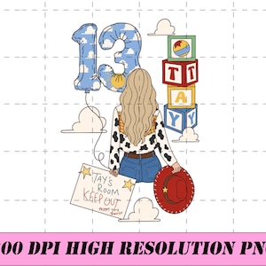 May include: A digital illustration featuring a person with long blonde hair wearing a cow-print shirt and blue jeans. The image includes a number 13 balloon, a stack of colorful alphabet blocks, a red cowboy hat, and a sign reading Tay's Room.