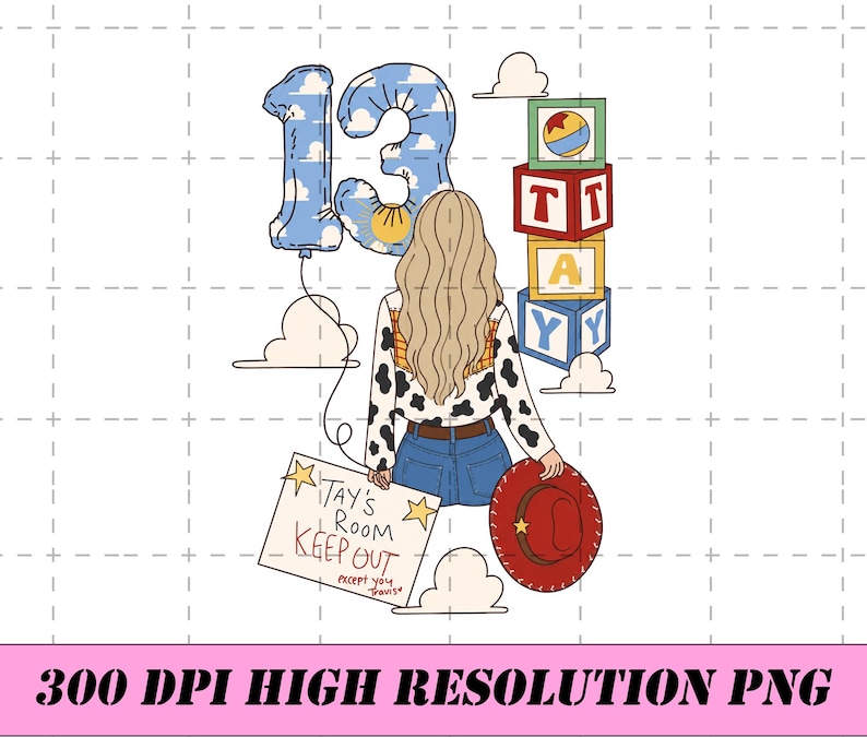 May include: A digital illustration featuring a person with long blonde hair wearing a cow-print shirt and blue jeans. The image includes a number 13 balloon, a stack of colorful alphabet blocks, a red cowboy hat, and a sign reading Tay's Room.